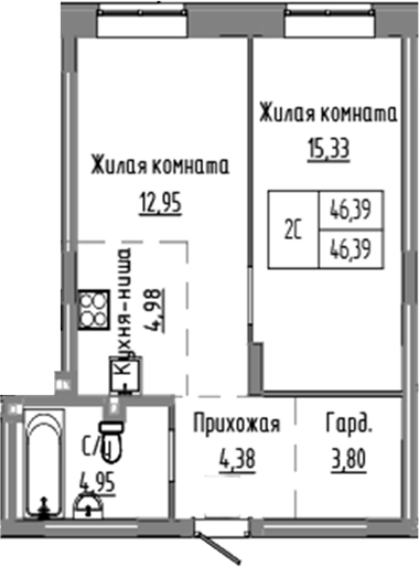 Планировка 2е-к.кв 46.39 м² в ЖК «Базилик»