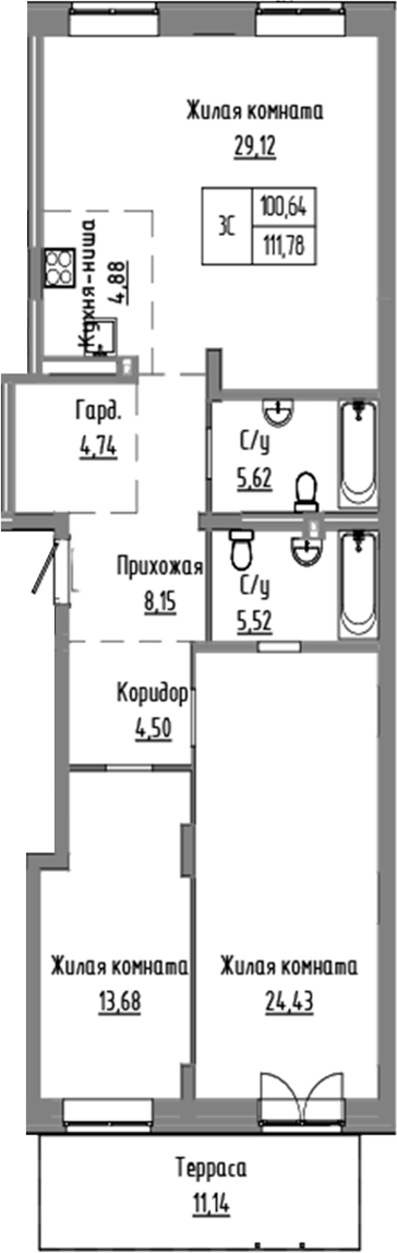 Планировка 3е-к.кв 100.64 м² в ЖК «Базилик»