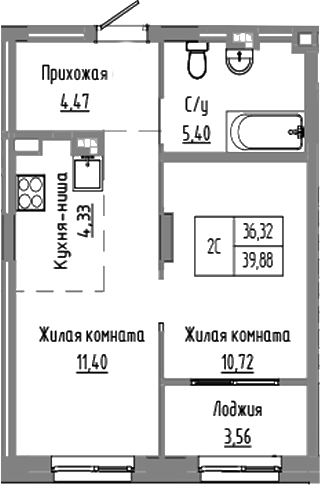 Планировка 2е-к.кв 36.32 м² в ЖК «Базилик»