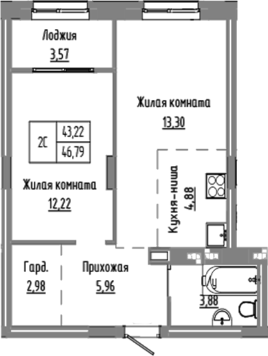 Планировка 2е-к.кв 43.22 м² в ЖК «Базилик»