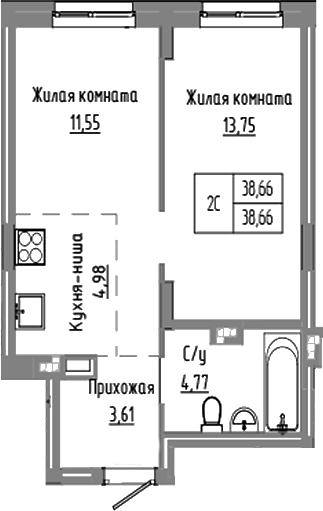 Планировка 2е-к.кв 38.66 м² в ЖК «Базилик»