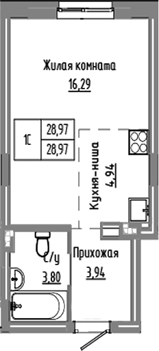 Планировка студии 28.97 м² в ЖК «Базилик»
