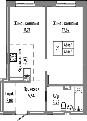 Планировка 2е-к.кв 46.67 м² в ЖК «Базилик»
