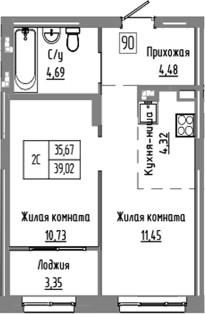 Планировка 2е-к.кв 35.67 м² в ЖК «Базилик»