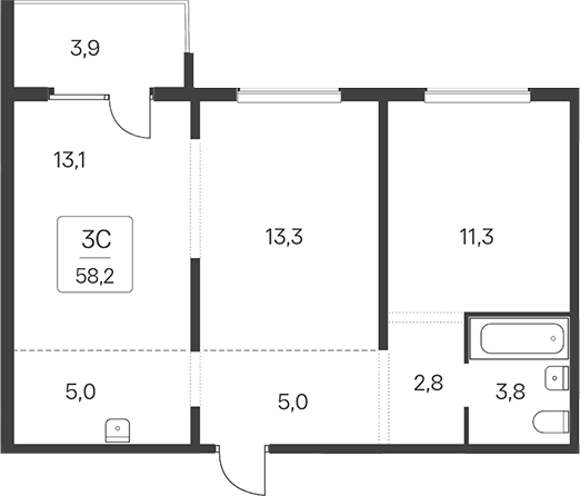 Планировка 3е-к. квартира 54.30 м² в ЖК «Квартал Сосновый Бор»