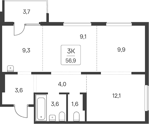 Планировка 3-к.кв 53.20 м² в ЖК «Квартал Сосновый Бор»