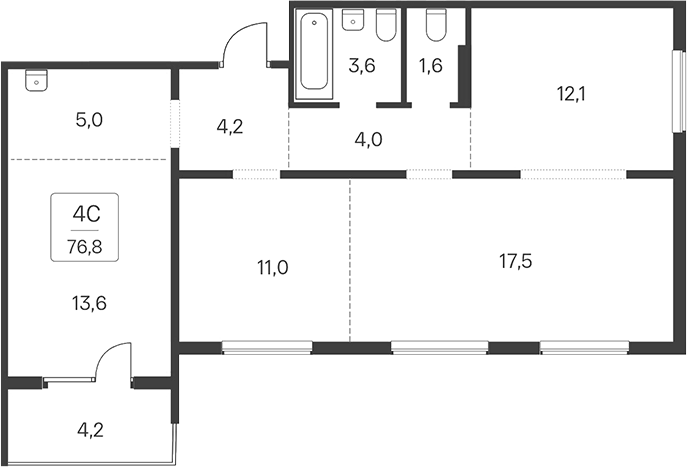 Планировка 4е-к.кв 72.60 м² в ЖК «Квартал Сосновый Бор»