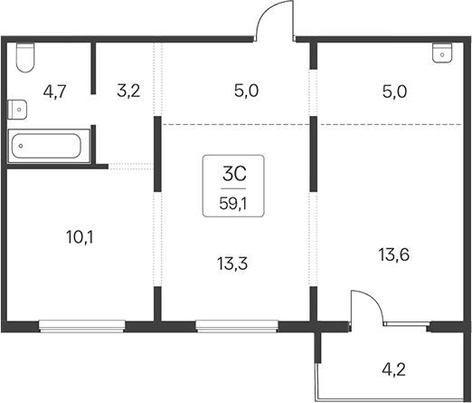 Планировка 3е-к.кв 54.90 м² в ЖК «Квартал Сосновый Бор»