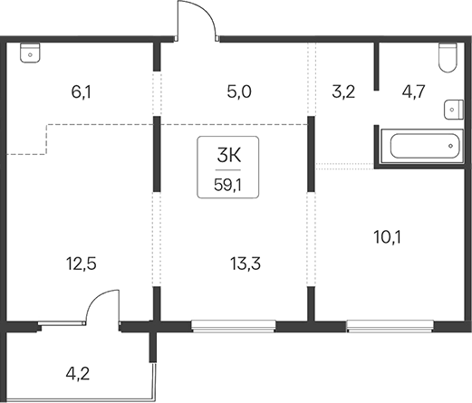 Планировка 3-к. квартира 54.90 м² в ЖК «Квартал Сосновый Бор»