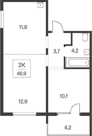 Планировка 2-к. квартира 42.70 м² в ЖК «Квартал Сосновый Бор»