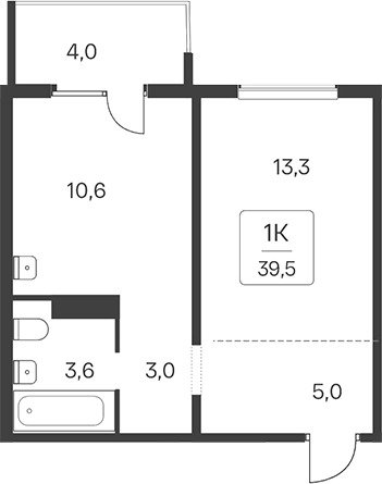 Планировка 1-к. квартира 35.50 м² в ЖК «Квартал Сосновый Бор»