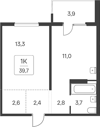 Планировка 1-к. квартира 35.80 м² в ЖК «Квартал Сосновый Бор»