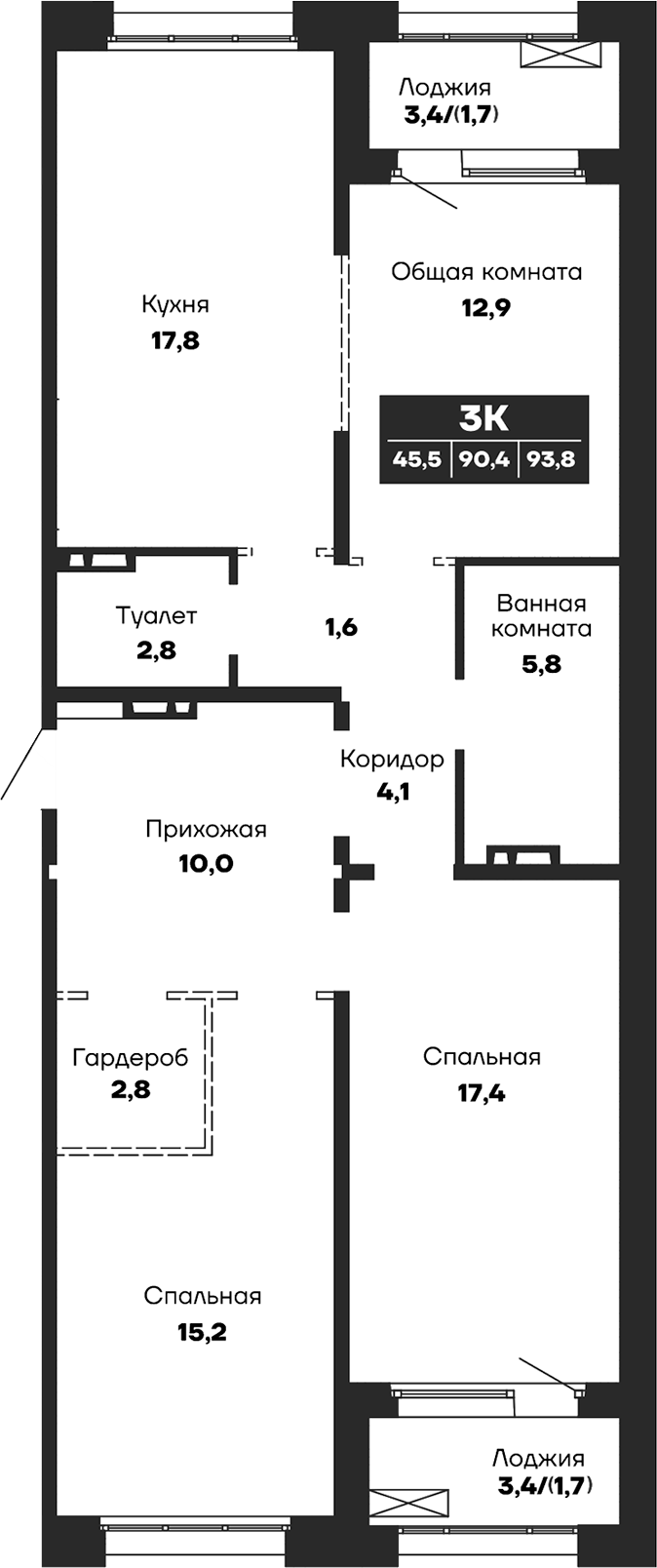 Планировка 3-к.кв 90.40 м² в ЖК «Гренландия»