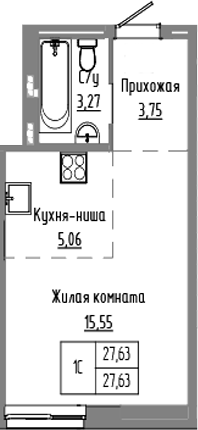 Планировка студии 27.63 м² в ЖК «Базилик»