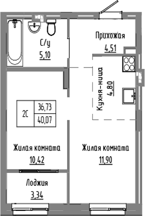 Планировка 2е-к.кв 36.73 м² в ЖК «Базилик»