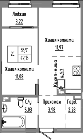 Планировка 2е-к.кв 38.91 м² в ЖК «Базилик»