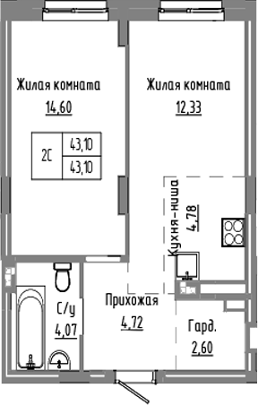 Планировка 2е-к.кв 43.10 м² в ЖК «Базилик»