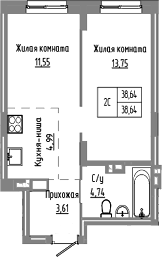 Планировка 2е-к.кв 38.64 м² в ЖК «Базилик»