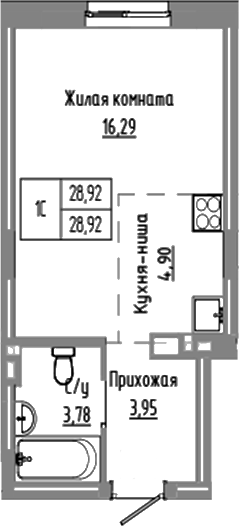 Планировка студии 28.92 м² в ЖК «Базилик»