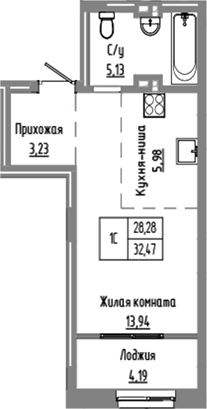 Планировка студии 28.28 м² в ЖК «Базилик»