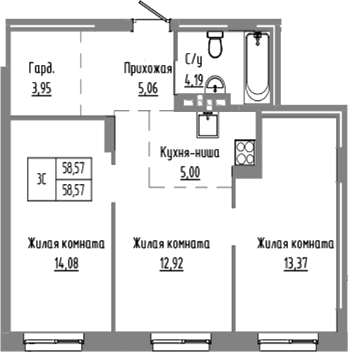 Планировка 3е-к.кв 58.57 м² в ЖК «Базилик»