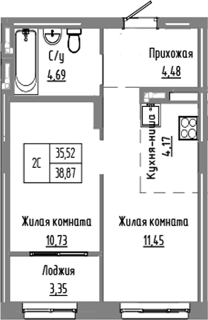 Планировка 2е-к.кв 35.52 м² в ЖК «Базилик»