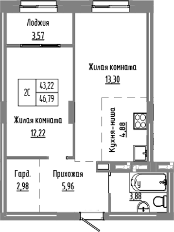 Планировка 2е-к.кв 43.22 м² в ЖК «Базилик»