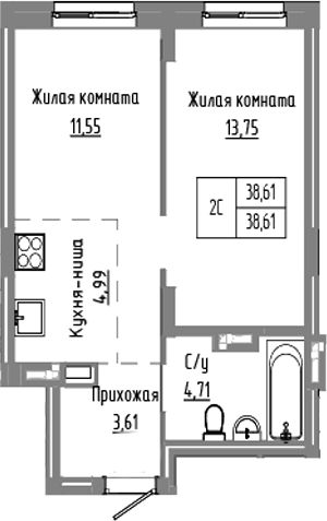 Планировка 2е-к. квартира 38.61 м² в ЖК «Базилик»