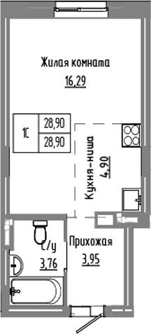 Планировка студии 28.90 м² в ЖК «Базилик»