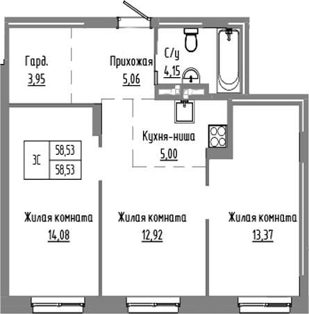 Планировка 3е-к.кв 58.53 м² в ЖК «Базилик»