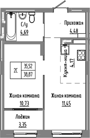 Планировка 2е-к.кв 35.52 м² в ЖК «Базилик»