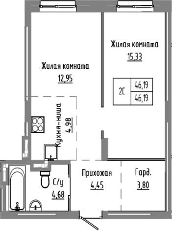 Планировка 2е-к.кв 46.19 м² в ЖК «Базилик»