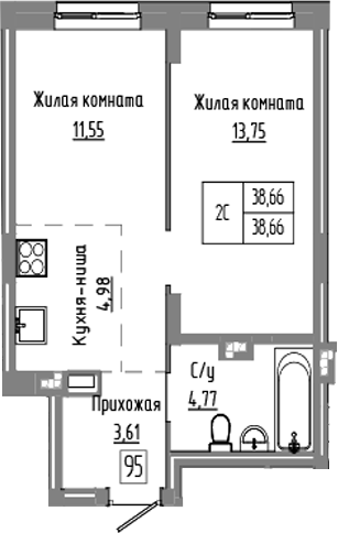 Планировка 2е-к.кв 38.66 м² в ЖК «Базилик»