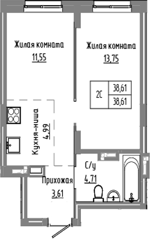 Планировка 2е-к. квартира 38.61 м² в ЖК «Базилик»