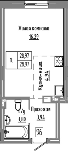 Планировка студии 28.97 м² в ЖК «Базилик»