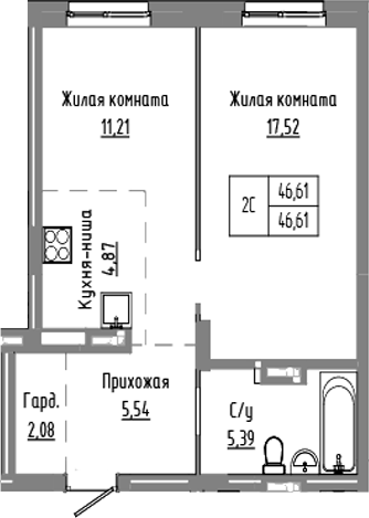Планировка 2е-к.кв 46.61 м² в ЖК «Базилик»