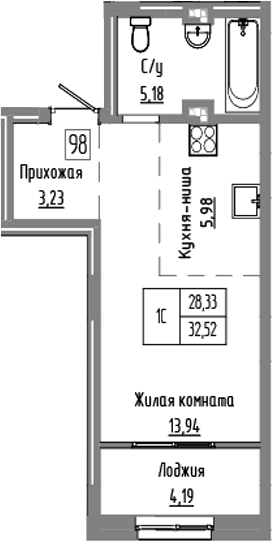 Планировка студии 28.33 м² в ЖК «Базилик»