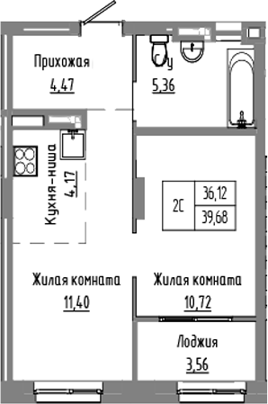 Планировка 2е-к.кв 36.12 м² в ЖК «Базилик»