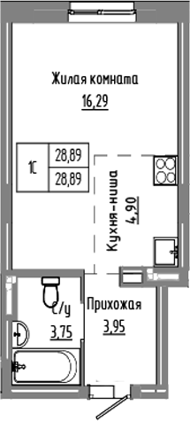 Планировка студии 28.89 м² в ЖК «Базилик»