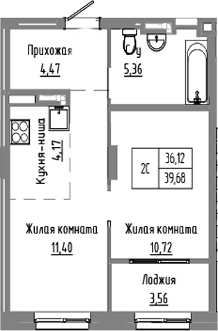 Планировка 2е-к.кв 36.12 м² в ЖК «Базилик»