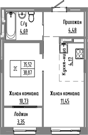 Планировка 2е-к.кв 35.52 м² в ЖК «Базилик»
