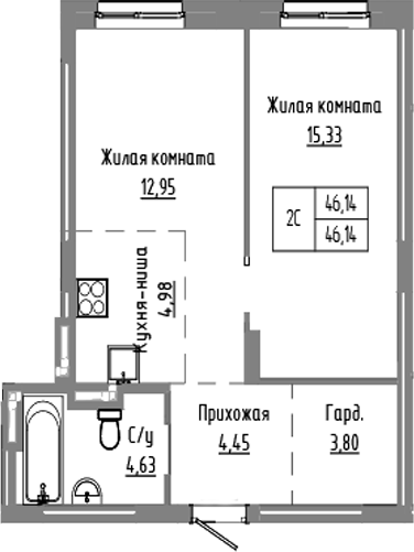 Планировка 2е-к. квартира 46.14 м² в ЖК «Базилик»