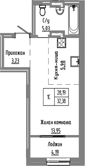 Планировка студии 28.19 м² в ЖК «Базилик»