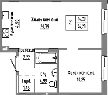 Планировка 2е-к.кв 44.20 м² в ЖК «Базилик»