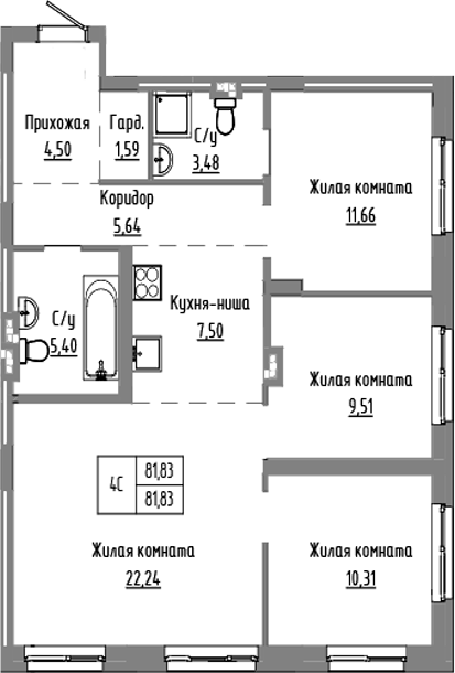 Планировка 4е-к.кв 81.83 м² в ЖК «Базилик»