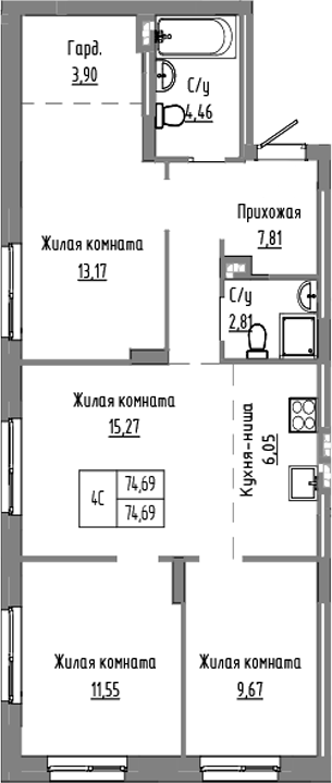 Планировка 4е-к.кв 74.69 м² в ЖК «Базилик»