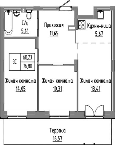 Планировка 3е-к.кв 60.23 м² в ЖК «Базилик»