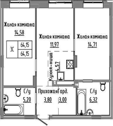 Планировка 3е-к. квартира 64.15 м² в ЖК «Базилик»