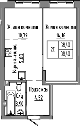 Планировка 2е-к.кв 38.40 м² в ЖК «Базилик»