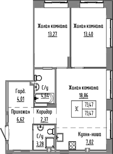 Планировка 3е-к.кв 73.47 м² в ЖК «Базилик»